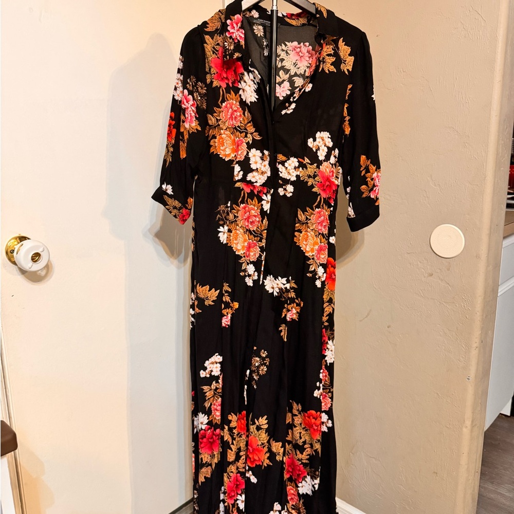 Zara Black Maxi Dress with Red, Pink & Cream Floral Motif